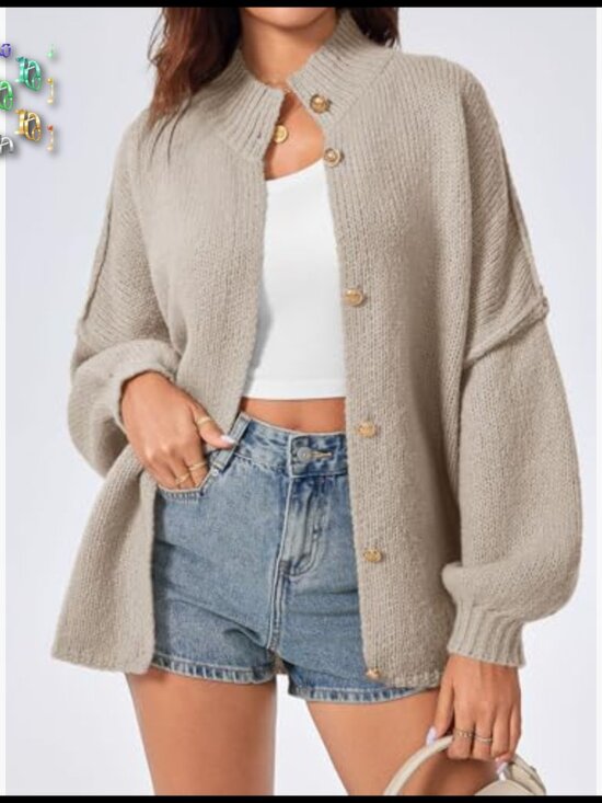 Oversized Cardigan Chunky Knit Long Lantern Sleeve Button Down Loose Fall - Picture 2 of 7